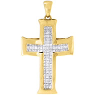 Diamond Mini Princess Cut Domed Cross Pendant 10K Yellow Gold Charm 0.79 Ct.