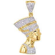 10K Yellow Gold Diamond Egyptian Queen Nefertiti Pendant 1.30" Charm 0.44 CT.
