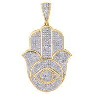 10K Yellow Gold Diamond Evil Eye Hamsa Hand Pendant 1.55" Pave Charm 0.69 CT.