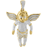 Diamond Mini 3D Angel Piece Pendant Fully Iced 10K Yellow Gold Charm 0.86 Ct.
