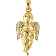 Diamond Mini 3D Angel Piece Cherub Pendant 10K Yellow Gold 1.22" Charm 0.06 Ct.