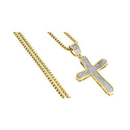 Diamond Cross Pendant Yellow Gold Mens Pave Charm 0.40 Ct. & Box Chain Necklace