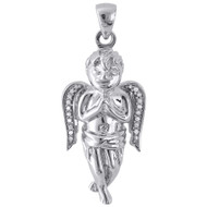Diamond Mini 3D Angel Piece Cherub Pendant 10K White Gold 1.22" Charm 0.06 Ct.