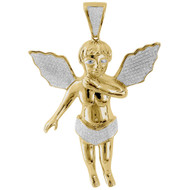 Diamond Mini 3D Angel Piece Cherub Pendant 10K Yellow Gold 2.55" Charm 0.70 Ct.
