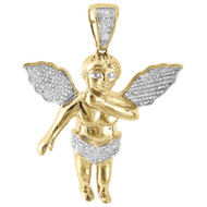Diamond Mini 3D Angel Piece Cherub Pendant 10K Yellow Gold 1.86" Charm 0.57 Ct.