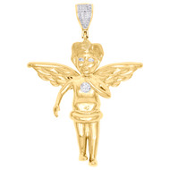 10K Yellow Gold Diamond Full Angel Body Pendant 1.90" Mens Pave Charm 1/5 CT.