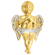 Diamond Praying Angel Piece Pendant 10K Yellow Gold Round 2 Inch Charm 0.90 Ct.