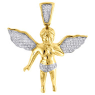 10K Yellow Gold Diamond Mini Angel Pendant 1.33" Charm 0.15 CT.