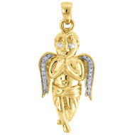 10K Yellow Gold Diamond Mini 3D Angel Pendant 1.37" Charm 0.06 CT.