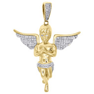10K Yellow Gold Real Diamond Praying Angel Solid Back Pendant 1.60" Charm 1/4 CT