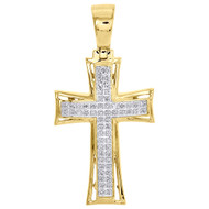 10K Yellow Gold Diamond Mini Cross Pendant 1.75" Mens Cut Out Dome Charm 1/6 ct.