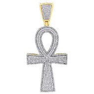 10K Yellow Gold Real Diamond Ankh Cross Pendant 2.40" Mens Pave Charm 1.50 ct.