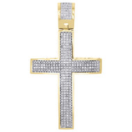 Real Diamond Dome Cross Charm Sterling Silver Yellow Finish 2.30" Pendant 1 CT.