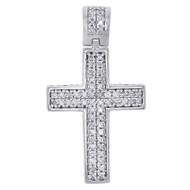 Real Diamond Cross Charm Sterling Silver White Finish 1.10" Dome Pendant 1/4 CT.