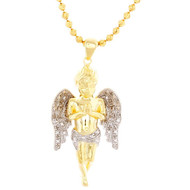 Mini Angel Cherub Real Diamond Pendant .925 Charm 0.25 Tcw with Moon-cut Chain