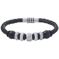 Shamballa Stainless Steel Diamond Beaded Ball Braided Leather Bracelet 2.75 Ct.