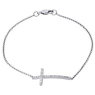 10K White Gold Ladies White Diamond Sideways Cross Charm on Bracelet 0.17 Ct.