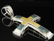 Yellow & Blue Diamond Cross Pendant Mens .925 Sterling Silver Charm 1.51 Tcw.