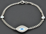 Diamond Evil Eye Bracelet 7 Inch 14k White Gold Double Strand Rolo Link 0.30 Ct.