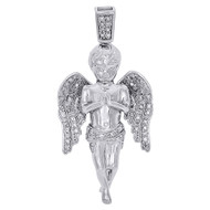 10K White Gold Round Diamond Mini Angel Wings Pendant 1.60" Pave Charm 0.20 ct.