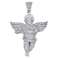 10K White Gold Round Diamond Angel Wings Pendant Mens Ladies Pave Charm 0.66 ct.