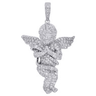 Sterling Silver & Diamond Praying Angel Pendant Wings 1.65" Pave Charm 1.15 ct.