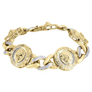 Diamond Lion Head & Miami Cuban Link Bracelet 10K Yellow Gold 3D Design 1.26 Tcw