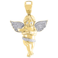Diamond Angel Pendant Men's 10K Yellow Gold Round Cut Pave Wings Charm 0.45 Tcw.