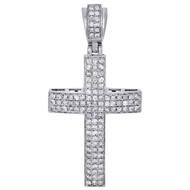 10K White Gold Mens Round Diamond Domed Cross Pendant 2.10" Pave Set Charm 2 Ct.