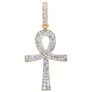 10K Yellow Gold Real Diamond Ankh Cross Pendant 1.50" Mens Pave Charm 0.41 CT.