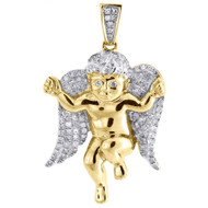 Diamond Baby Angel Pendant Mens 10K Yellow Gold Round Pave Wings Charm 0.38 Tcw.