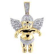 Diamond Angel Pendant Mens 10K Yellow Gold Round Pave Wings Charm 0.50 Tcw.