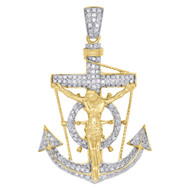 10K Yellow Gold Diamond Anchor Wheel Jesus Crucifix Pendant 1.75" Charm 1.20 Ct.