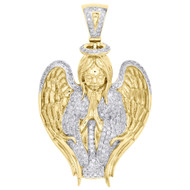 10K Yellow Gold Diamond Praying Angel Pendant 1.90" Men's Pave Charm 1.23 CT.