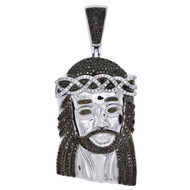 Sterling Silver Real Black Diamond Jesus Face Pendant 2.50" Mens Pave Charm 1 CT