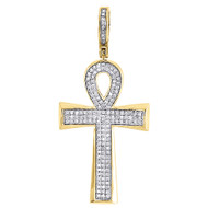 Diamond Ankh Pendant Mens 10K Yellow Gold Pave Egyptian Cross Charm 0.31 Tcw.