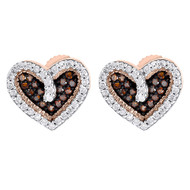 Red Diamond Heart Stud Earrings 10k Rose Gold Round Cut Ladies 0.20 Ct.