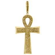 10K Yellow Gold Canary Diamond Egyptian Ankh Cross Pendant 2" Pave Charm 0.45 CT.