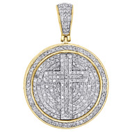 10K Yellow Gold Real Diamond Cross Cirlce Medallion Pendant Charm Pave 1.03 CT