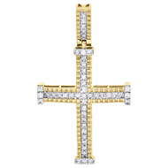 10K Yellow Gold Real Diamond 1 Row Cross Pendant Fluted Bezel Edge 2" Charm 1 CT