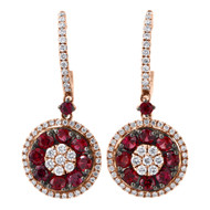 18K Rose Gold Red Ruby & Diamond Flower Cluster Halo Dangler Earrings 1.87 Tcw.