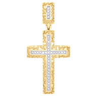 10K Yellow Gold Real Diamond Nugget Border Cross Pendant 1.5" Pave Charm 0.16 CT