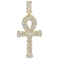 10K Yellow Gold Real Diamond Cuban Link Ankh Cross Pendant 2.65" Charm 1.03 CT.