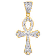 10K Yellow Gold Diamond Mini Egyptian Ankh Cross Pendant 1.45" Charm 0.28 CT.