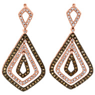 10K Rose Gold Brown Diamond Triple Teardrop Dangler Chandelier Earrings 1 CT.