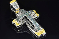 10K White Gold Blue & Yellow Diamond Cross Pendant Designer Charm .90 ct.
