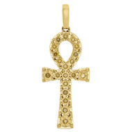 10K Yellow Gold Yellow Diamond Mini Ankh Cross Pendant  1.40" Charm 0.18 ct.