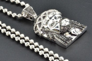 Black Diamond Mini Jesus Face Pendant Piece .925 White Finish Charm & Chain Set