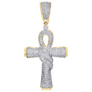 10K Yellow Gold Genuine Diamond 3D Ankh Cross Curtain 2" Pendant Charm 0.64 CT.