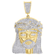 10K Yellow Gold Round Diamond Jesus Face Charm Men's Pendant 2.05" 1.90 Ct.